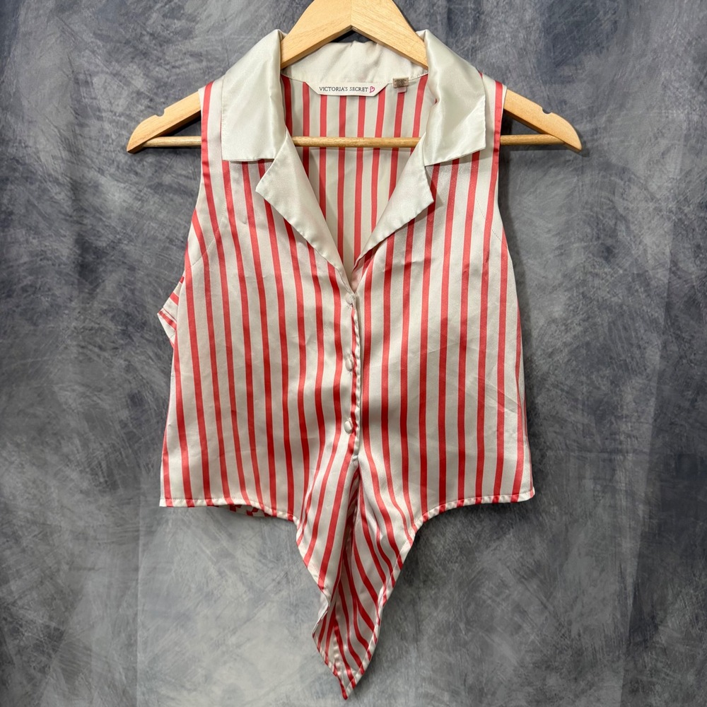 Victoria's Secret Pink White Stripe Sleeveless Tie Front Top Med Y2K Soft Girl